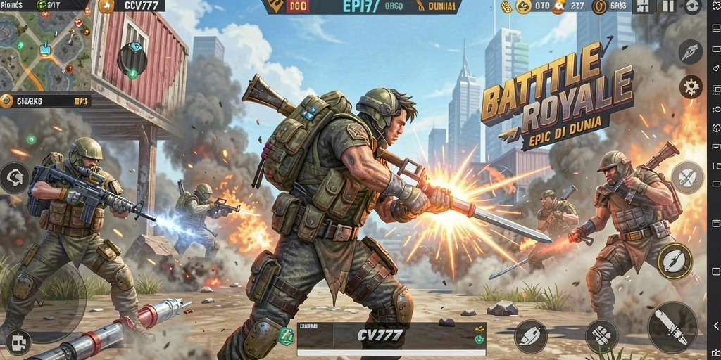Tangkapan layar gameplay <strong>CV777</strong> menampilkan aksi seru dalam pertarungan Battle Royale.