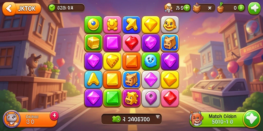 Tampilan gameplay Match-3 JKTOK dengan objek yang cerah dan mencolok.