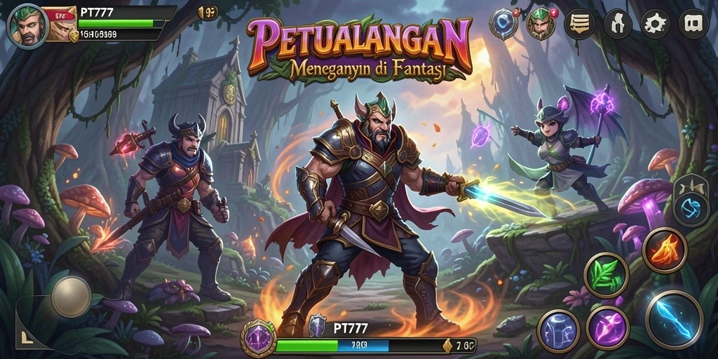 Gameplay PT777 dengan karakter dan lingkungan petualangan.